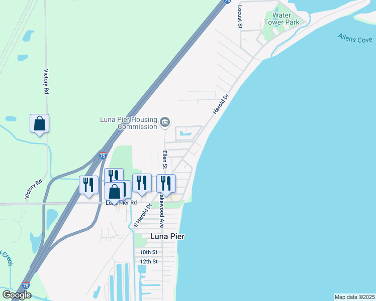 map of restaurants, bars, coffee shops, grocery stores, and more near 10804 Harold Drive in Luna Pier