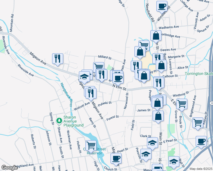 map of restaurants, bars, coffee shops, grocery stores, and more near 295 North Elm Street in Torrington