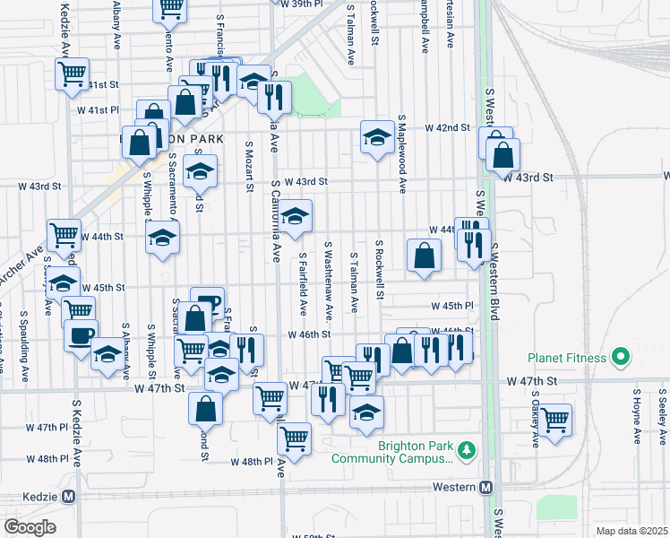 map of restaurants, bars, coffee shops, grocery stores, and more near 4445 South Washtenaw Avenue in Chicago