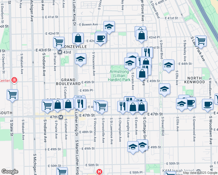 map of restaurants, bars, coffee shops, grocery stores, and more near 4520 South Saint Lawrence Avenue in Chicago