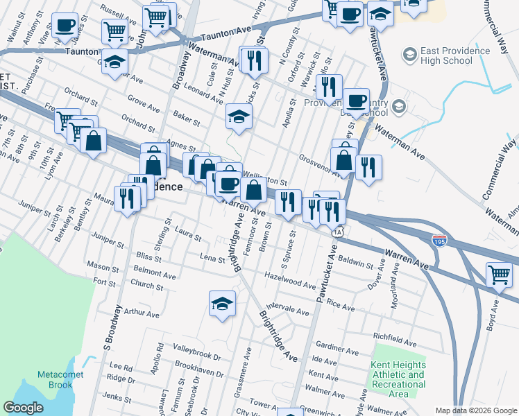 map of restaurants, bars, coffee shops, grocery stores, and more near 508 Warren Avenue in East Providence