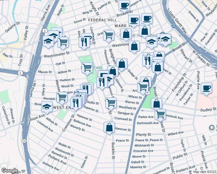 map of restaurants, bars, coffee shops, grocery stores, and more near 1932 Lester Street in Providence
