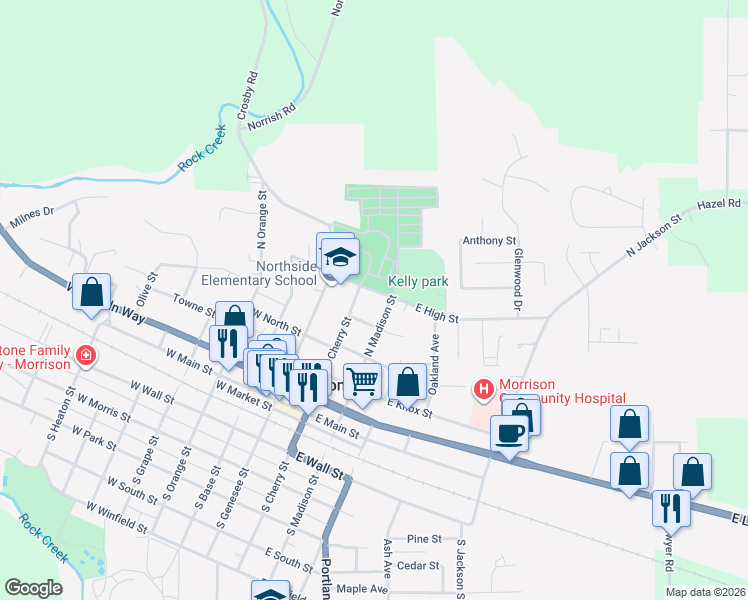 map of restaurants, bars, coffee shops, grocery stores, and more near 205 East High Street in Morrison