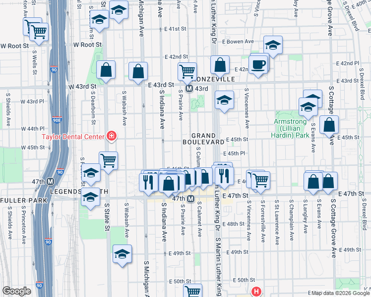 map of restaurants, bars, coffee shops, grocery stores, and more near 4517 South Prairie Avenue in Chicago