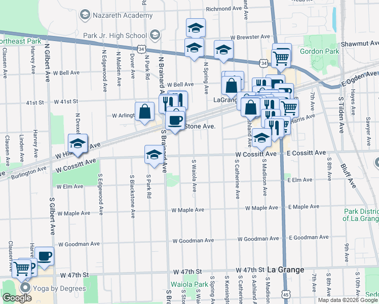 map of restaurants, bars, coffee shops, grocery stores, and more near 46 South Waiola Avenue in La Grange