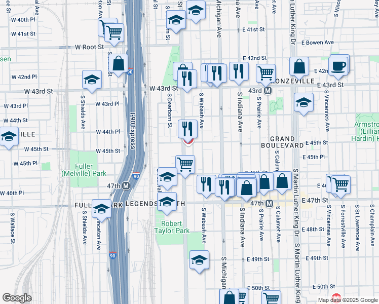 map of restaurants, bars, coffee shops, grocery stores, and more near 4519 South State Street in Chicago