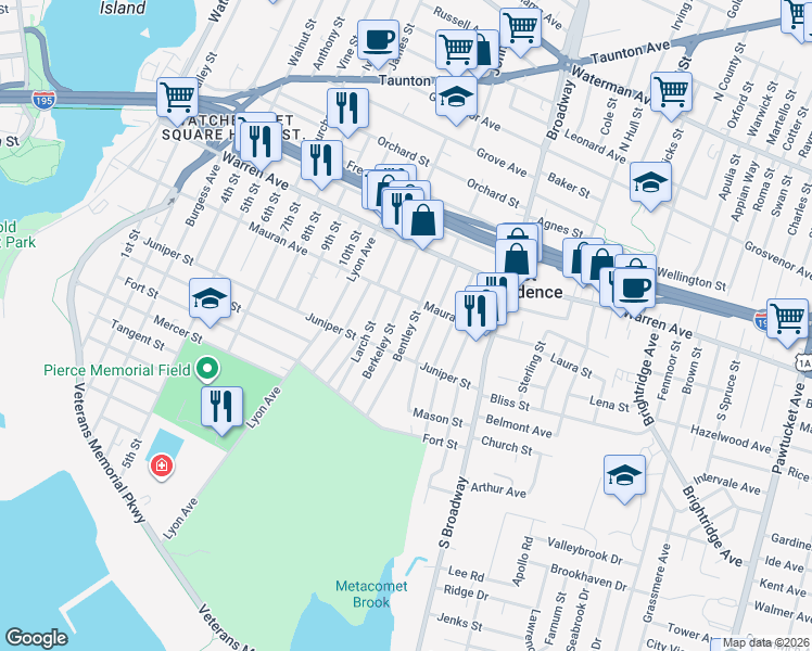 map of restaurants, bars, coffee shops, grocery stores, and more near 73 Bentley Street in East Providence