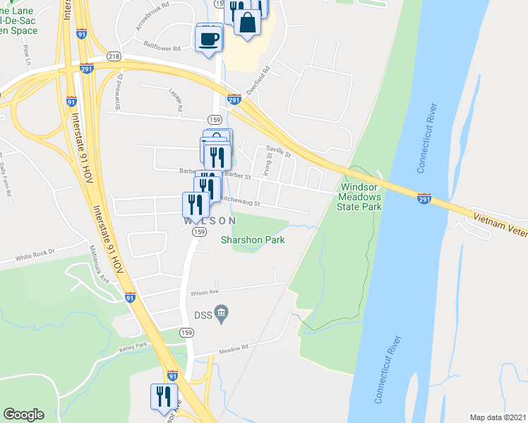 map of restaurants, bars, coffee shops, grocery stores, and more near 70 Skitchewaug St in Windsor