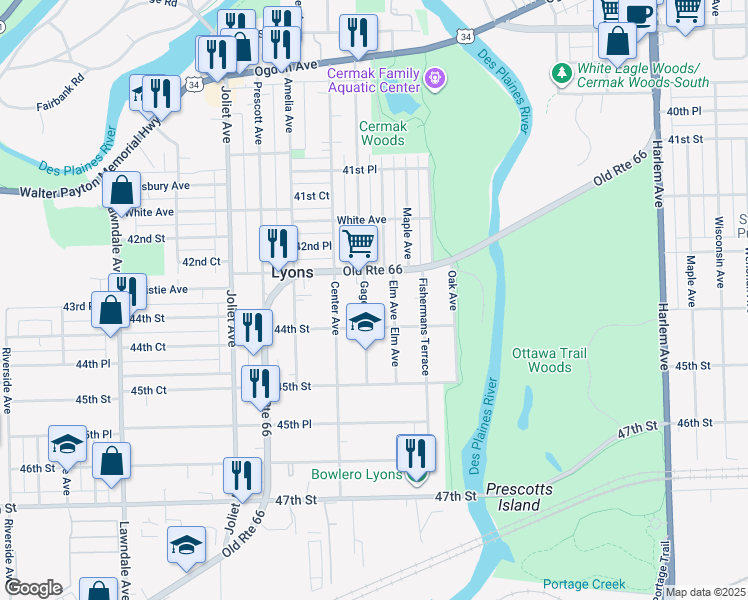 map of restaurants, bars, coffee shops, grocery stores, and more near 4327 Gage Avenue in Lyons
