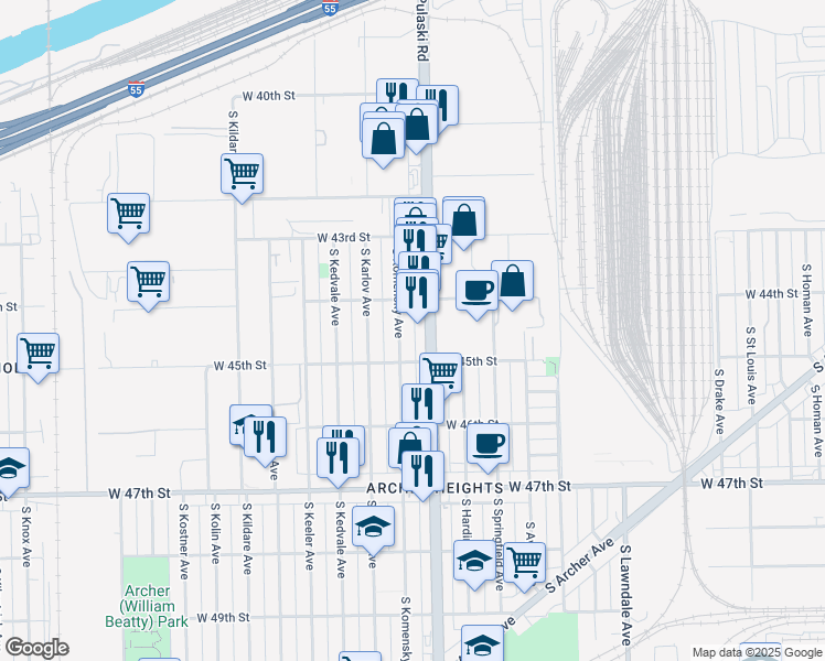 map of restaurants, bars, coffee shops, grocery stores, and more near 4433 South Komensky Avenue in Chicago