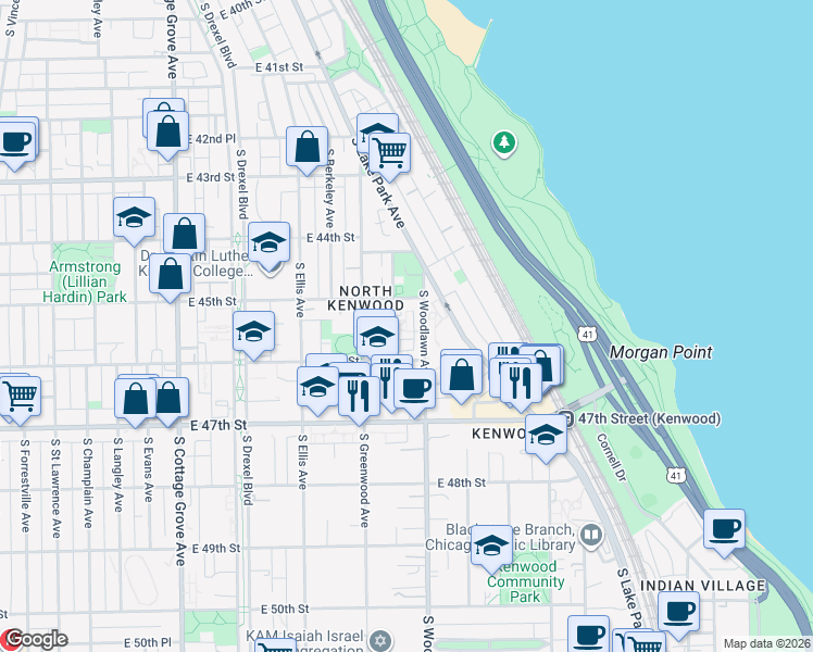 map of restaurants, bars, coffee shops, grocery stores, and more near 4522 South Woodlawn Avenue in Chicago