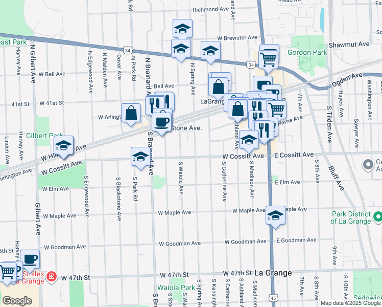 map of restaurants, bars, coffee shops, grocery stores, and more near 56 South Spring Avenue in La Grange