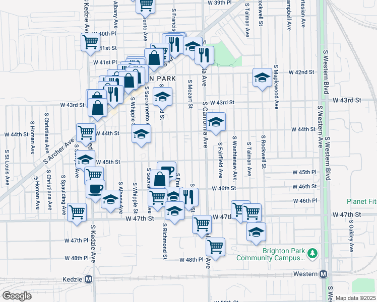 map of restaurants, bars, coffee shops, grocery stores, and more near 4440 South Mozart Street in Chicago