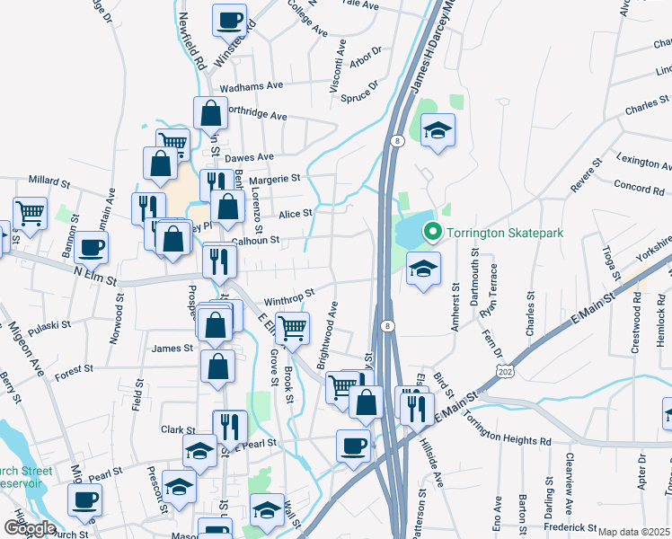 map of restaurants, bars, coffee shops, grocery stores, and more near 294 Brightwood Avenue in Torrington