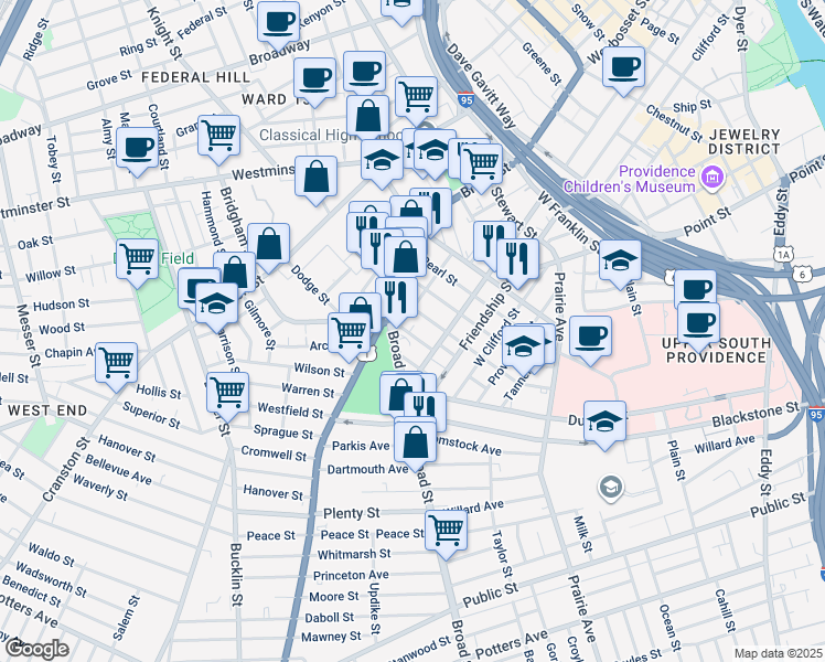 map of restaurants, bars, coffee shops, grocery stores, and more near 18 Linden Street in Providence