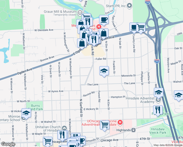 map of restaurants, bars, coffee shops, grocery stores, and more near 537 North York Road in Hinsdale