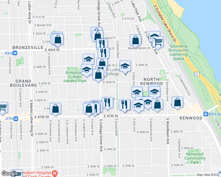 map of restaurants, bars, coffee shops, grocery stores, and more near 4522 South Drexel Boulevard in Chicago