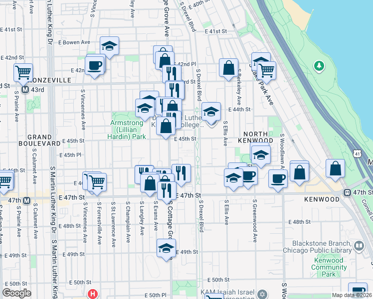 map of restaurants, bars, coffee shops, grocery stores, and more near 4520 South Drexel Boulevard in Chicago