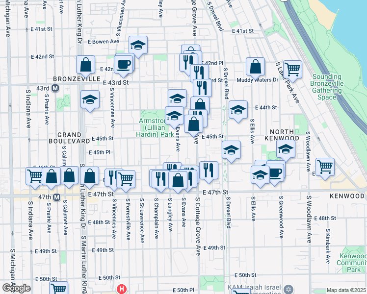 map of restaurants, bars, coffee shops, grocery stores, and more near 4521 South Evans Avenue in Chicago