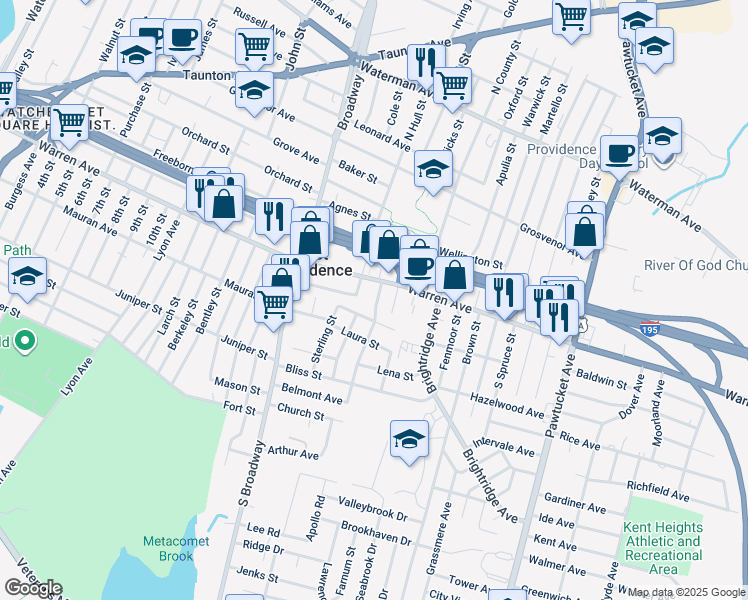 map of restaurants, bars, coffee shops, grocery stores, and more near 14 Donnelly Street in East Providence