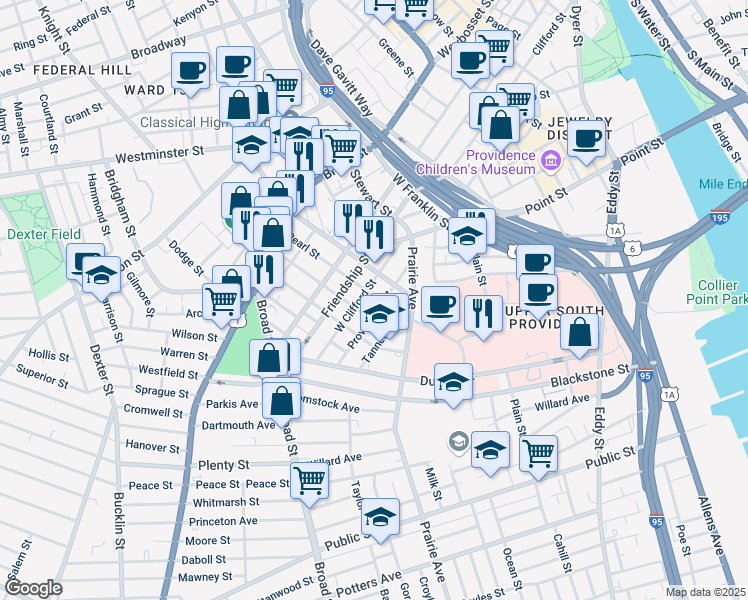 map of restaurants, bars, coffee shops, grocery stores, and more near 159 Pearl Street in Providence