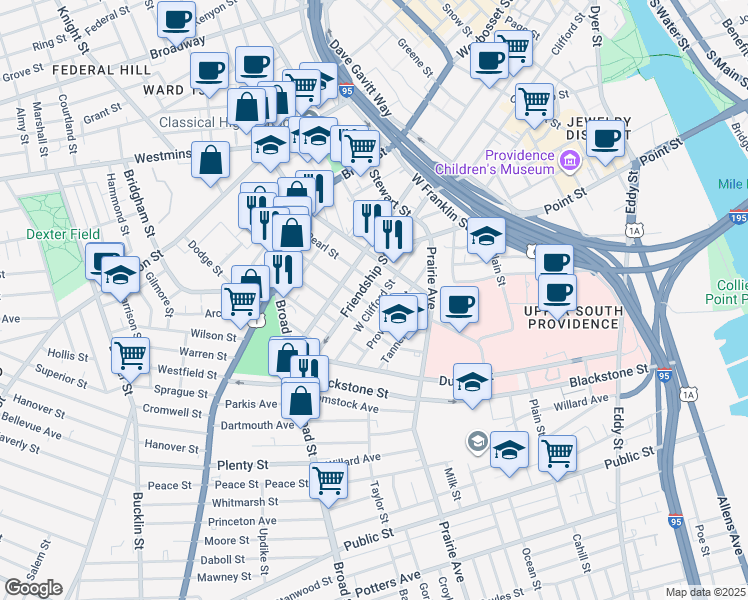 map of restaurants, bars, coffee shops, grocery stores, and more near 64 Portland Street in Providence