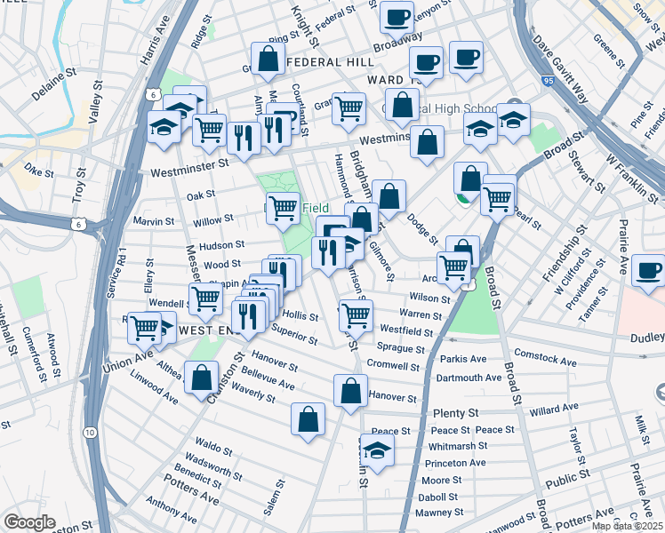 map of restaurants, bars, coffee shops, grocery stores, and more near in Providence