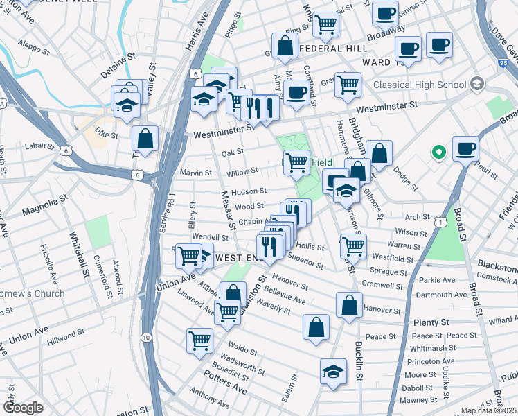 map of restaurants, bars, coffee shops, grocery stores, and more near 68 Wood Street in Providence