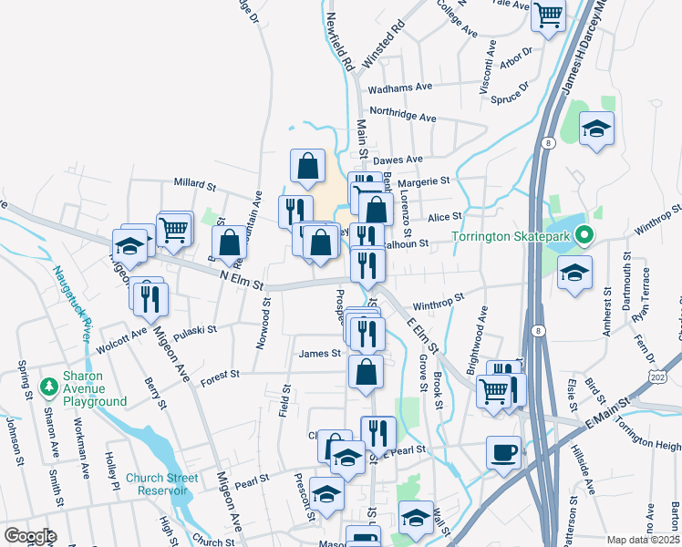 map of restaurants, bars, coffee shops, grocery stores, and more near 90 North Elm Street in Torrington