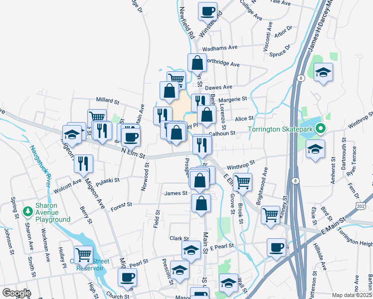 map of restaurants, bars, coffee shops, grocery stores, and more near 90 North Elm Street in Torrington