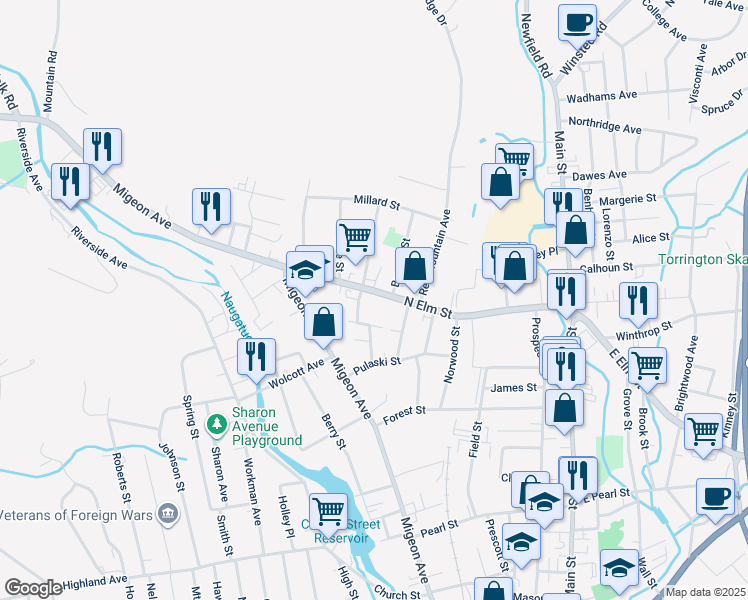 map of restaurants, bars, coffee shops, grocery stores, and more near 295 North Elm Street in Torrington