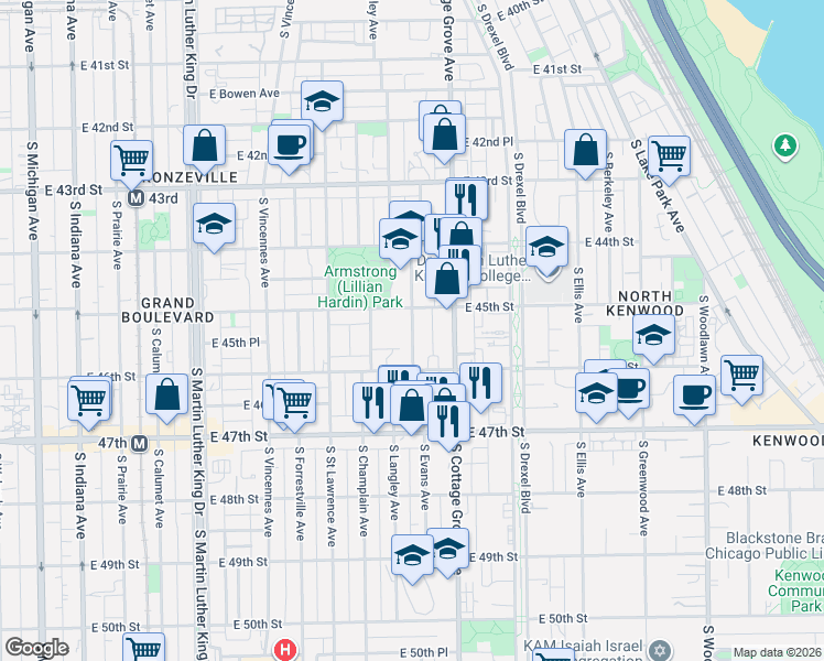map of restaurants, bars, coffee shops, grocery stores, and more near 4520 South Evans Avenue in Chicago