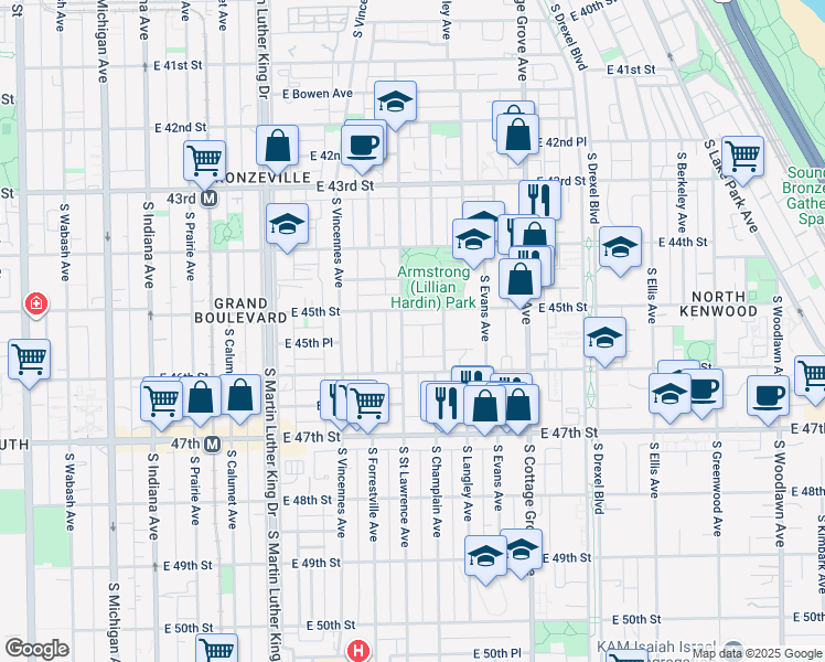 map of restaurants, bars, coffee shops, grocery stores, and more near 4518 South Champlain Avenue in Chicago