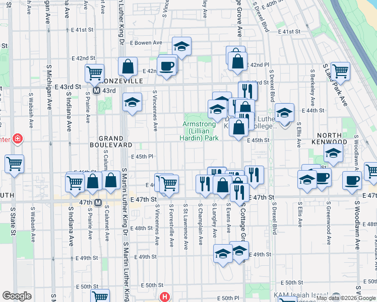 map of restaurants, bars, coffee shops, grocery stores, and more near 4518 South Champlain Avenue in Chicago