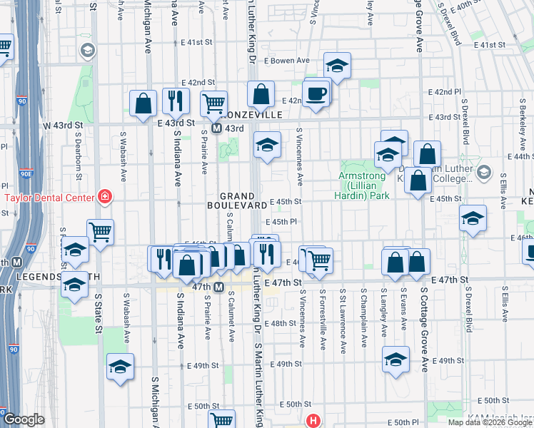 map of restaurants, bars, coffee shops, grocery stores, and more near 4515 South Doctor Martin Luther King Junior Drive in Chicago