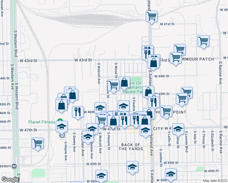 map of restaurants, bars, coffee shops, grocery stores, and more near 4454 South Wood Street in Chicago