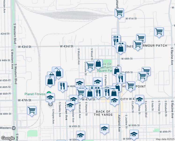 map of restaurants, bars, coffee shops, grocery stores, and more near 4454 South Wood Street in Chicago