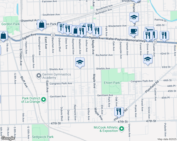 map of restaurants, bars, coffee shops, grocery stores, and more near 9219 Shields Avenue in Brookfield