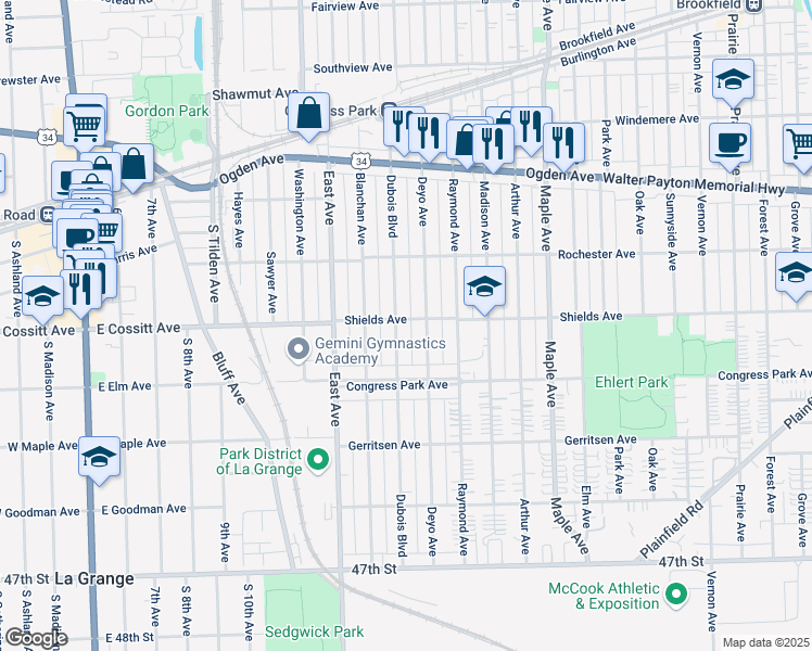 map of restaurants, bars, coffee shops, grocery stores, and more near 4300 Deyo Avenue in Brookfield