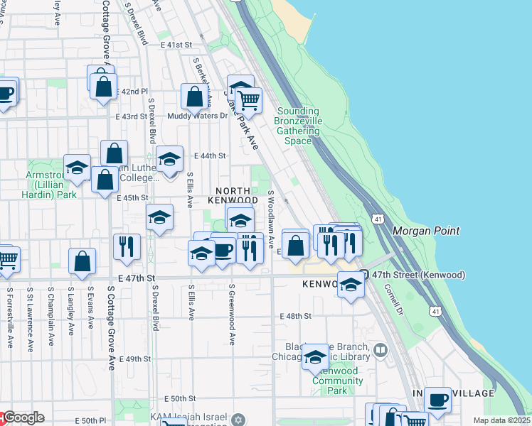 map of restaurants, bars, coffee shops, grocery stores, and more near 4522 South Woodlawn Avenue in Chicago