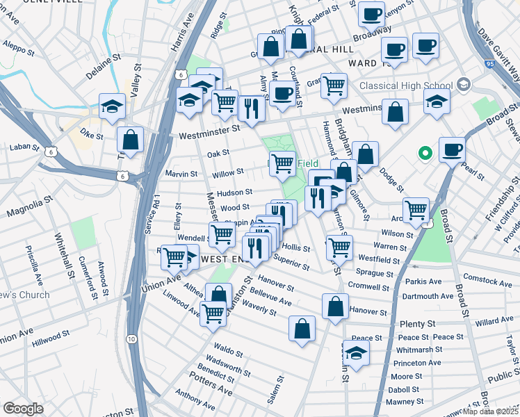 map of restaurants, bars, coffee shops, grocery stores, and more near 36 Wood Street in Providence