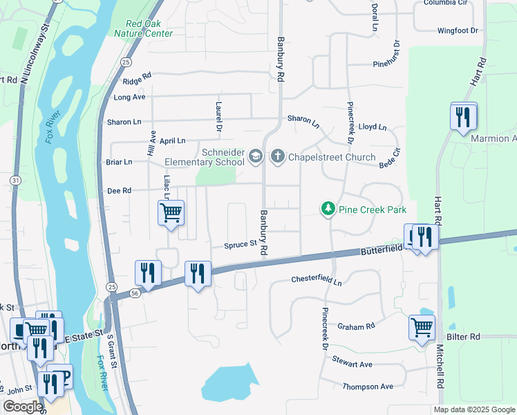 map of restaurants, bars, coffee shops, grocery stores, and more near 214 Banbury Rd in North Aurora