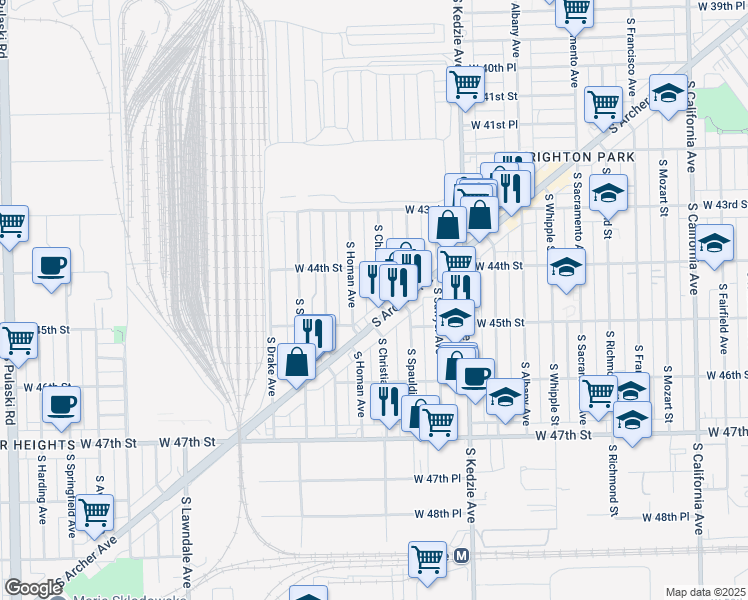 map of restaurants, bars, coffee shops, grocery stores, and more near 4432 South Christiana Avenue in Chicago