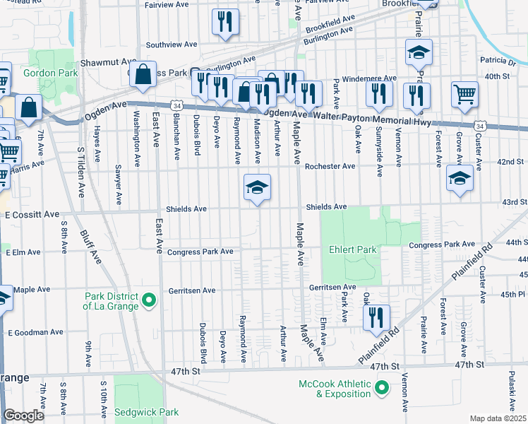 map of restaurants, bars, coffee shops, grocery stores, and more near 4301 Madison Avenue in Brookfield