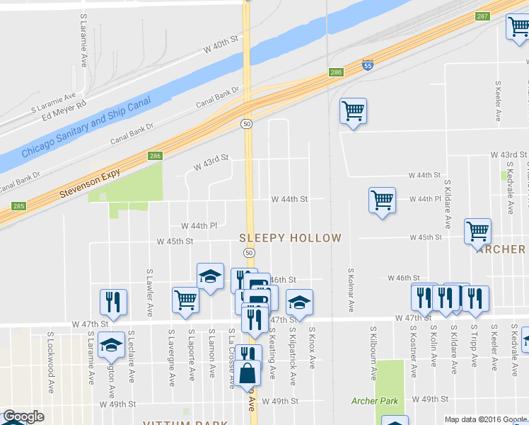 map of restaurants, bars, coffee shops, grocery stores, and more near 4416 South Keating Avenue in Chicago