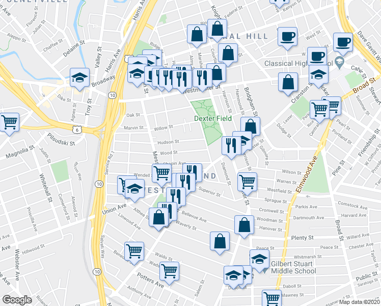 map of restaurants, bars, coffee shops, grocery stores, and more near 32 Wood Street in Providence