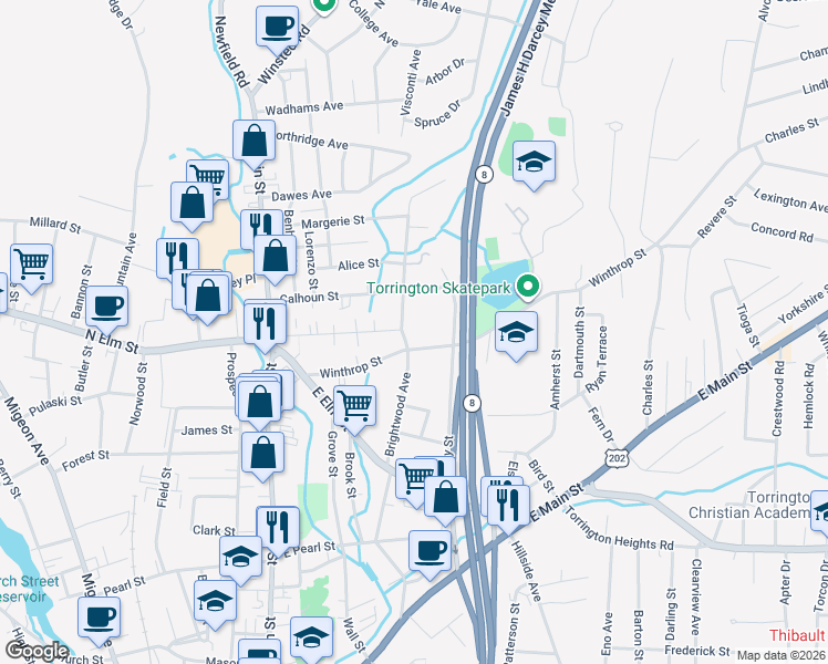 map of restaurants, bars, coffee shops, grocery stores, and more near 294 Brightwood Avenue in Torrington