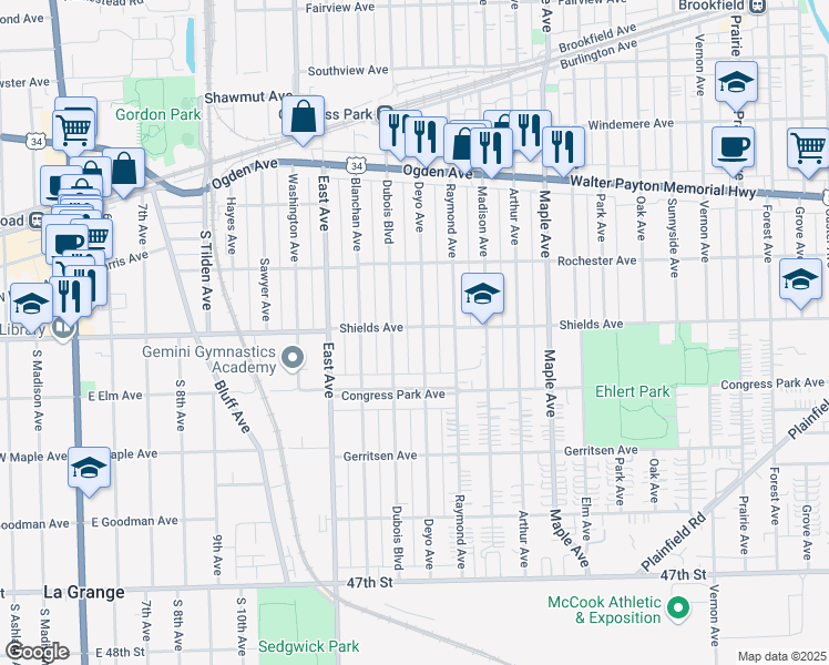 map of restaurants, bars, coffee shops, grocery stores, and more near 4300 Deyo Avenue in Brookfield