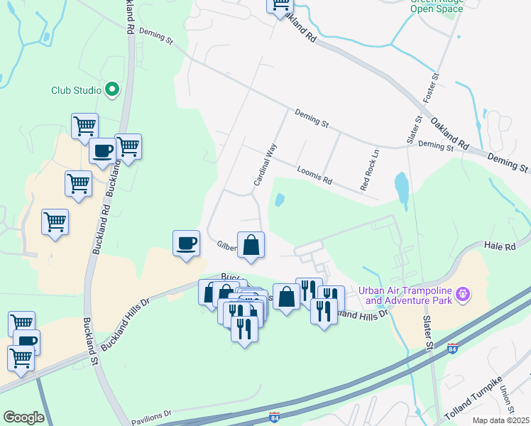 map of restaurants, bars, coffee shops, grocery stores, and more near 152 Gilbert Lane in South Windsor