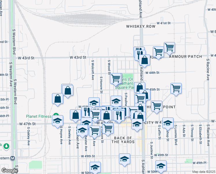 map of restaurants, bars, coffee shops, grocery stores, and more near 4454 South Wood Street in Chicago